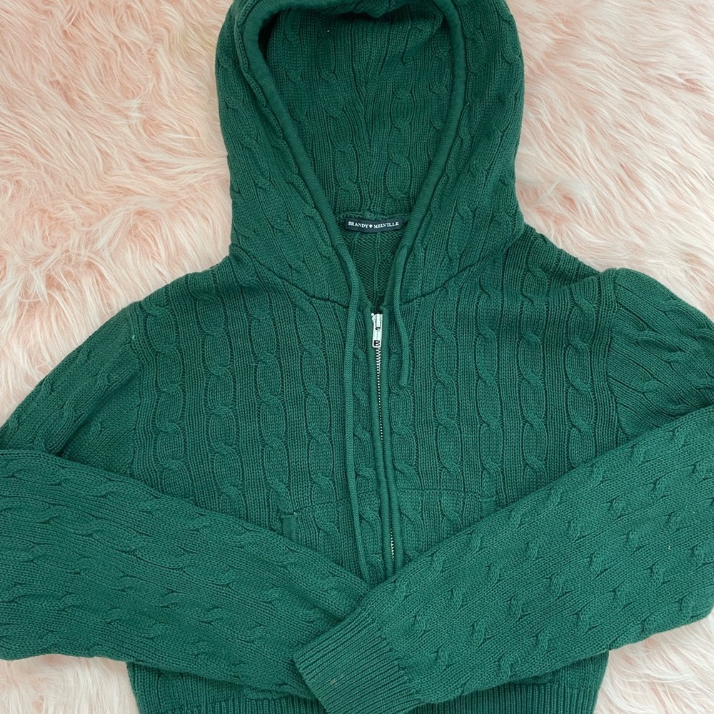 Brandy Melville Cable Knit Hooded Sweater in green